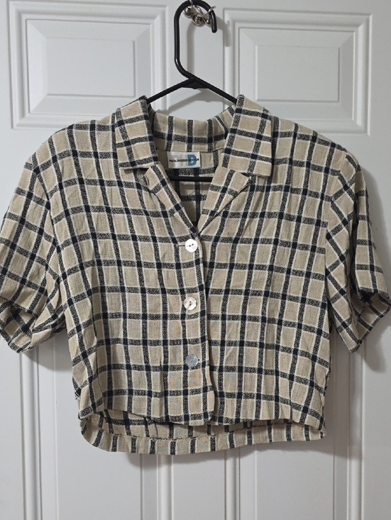 Paul Harris Design Tops - Paul Harris Designs Button-Front Cropped Plaid Shirt - Black & Cream